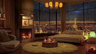 Cozy Paris Bedroom with View Of The Eiffel Tower 🌃 Smooth Jazz Saxophone & Rain Sounds for Sleeping