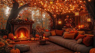 Cozy Porch Space in the Autumn Forest 🍁 Jazz, Pumpkin Glow and Crackling Fireplace for Sleep & Heal🎃