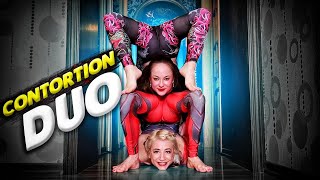 Contortion duo. Flexible girls Alesya and Polina home stretching. Flexshow